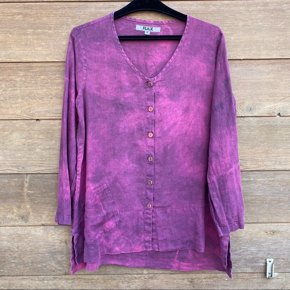 Flax Tops - FLAX Purple Tie Dye V-neck Lagenlook Tunic Top